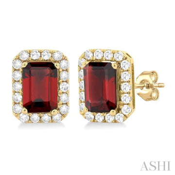 6x4 MM Octagonal Shape Garnet and 1/4 Ctw Round Cut Diamond Halo Semi-Precious Stud Earrings in 14K Yellow Gold